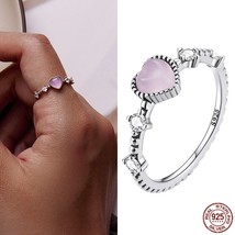 Genuine 925 Sterling Silver Romantic Pink Heart Rings for Women Clear Zircon Fin - £17.32 GBP