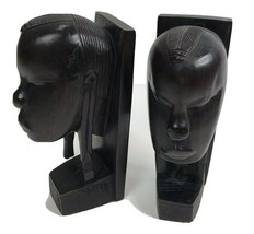 Vintage Bookends Hand Carved Ebony Wood African Tribal Head Face Mcm Ethnic - £71.01 GBP