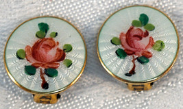 Guilloche Enamel &amp; Sterling Silver Clipon Earrings with Painted Rose Opr... - £31.85 GBP
