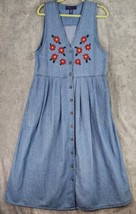 Karen Scott Dress Womens Medium Blue Denim Floral Embroidered Pleated Bu... - £29.89 GBP