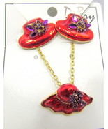 DeBry Red Hat Necklace Earring Set Gold Tone Rhinestones Enamel Purple  ... - £14.06 GBP