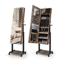 3-Color 46 LED Lights? Mirror Jewelry Cabinet Armoire Adjustable Height with Whe - £106.03 GBP