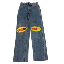 Vintage-Inspired Straight-Leg Denim Jeans W/ Retro Floral &amp; Heart Patches - $33.80 CAD