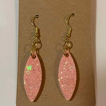 Handmade epoxy resin pointed oval dangle earrings - pink glitter w/ irre... - $4.85
