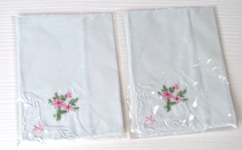 lot of 2 Hand Made Handkerchief Embroidered corners Floral pink flowers Square - £7.72 GBP