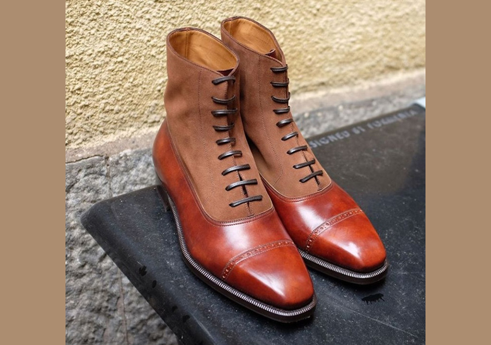 Mens Leather Suede Ankle High Boot, New Handmade Tan Lace Up Cap Toe Brogue Boot