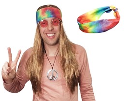 Hippie Wig Tie Dye Bandana 60s 70s Hippy Woodstock Festival Party Mens Costume - £15.99 GBP