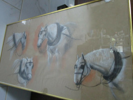Crayon Watercolor Original Carriage Horses Painting On Paper 31 X 12&quot; Unsigned - £99.52 GBP