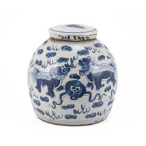 Blue &amp; White Vintage Ming Jar Lion Motif - Small - £143.21 GBP