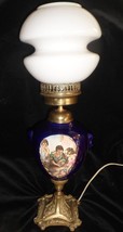 EUROPEAN ANTIQUE/ VINTAGE BRASS &amp; PORCELAIN LAMP: BOYS PLAYING DICE. - $174.00