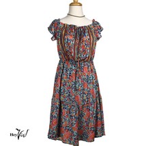 Vintage Turquoise Floral Off the Shoulder Flowy Dress, M, Elastic Waist -Hey Viv - £19.28 GBP