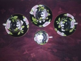 Vintage Wako Occupied Japan Set Of Black Flowered Teacups And Saucers De... - £56.08 GBP
