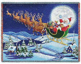 72x54 CHRISTMAS MAGIC Santa Reindeer Sleigh Snow Tapestry Afghan Throw B... - £50.58 GBP