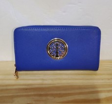 Dasein Women&#39;s Zip Around Royal Blue Emblem Wallet Faux Leather - £12.62 GBP