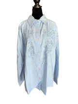 Quacker Factory 100% Cotton Button Up Blue Shirt Beaded Floral Butterfly... - £8.93 GBP