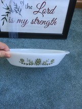 VINTAGE GLASS BAKE WHITE RELISH DISH GREEN FLOWER - $10.75