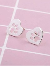 Tiny Paw Print Heart Post Earrings Dog Cat Love Pet Owner Silver Plate Stainless - £7.07 GBP