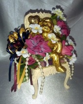 Handmade Floral Arrangement Centerpiece w/ Plaid Chair, Gold Cherub, Ribbons - £19.56 GBP