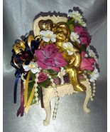 Handmade Floral Arrangement Centerpiece w/ Plaid Chair, Gold Cherub, Rib... - £19.50 GBP