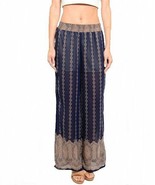 Women&#39;s Navy and Mocha Printed Elastic Waist Wide Leg Boho Palazzo Pants - $20.00