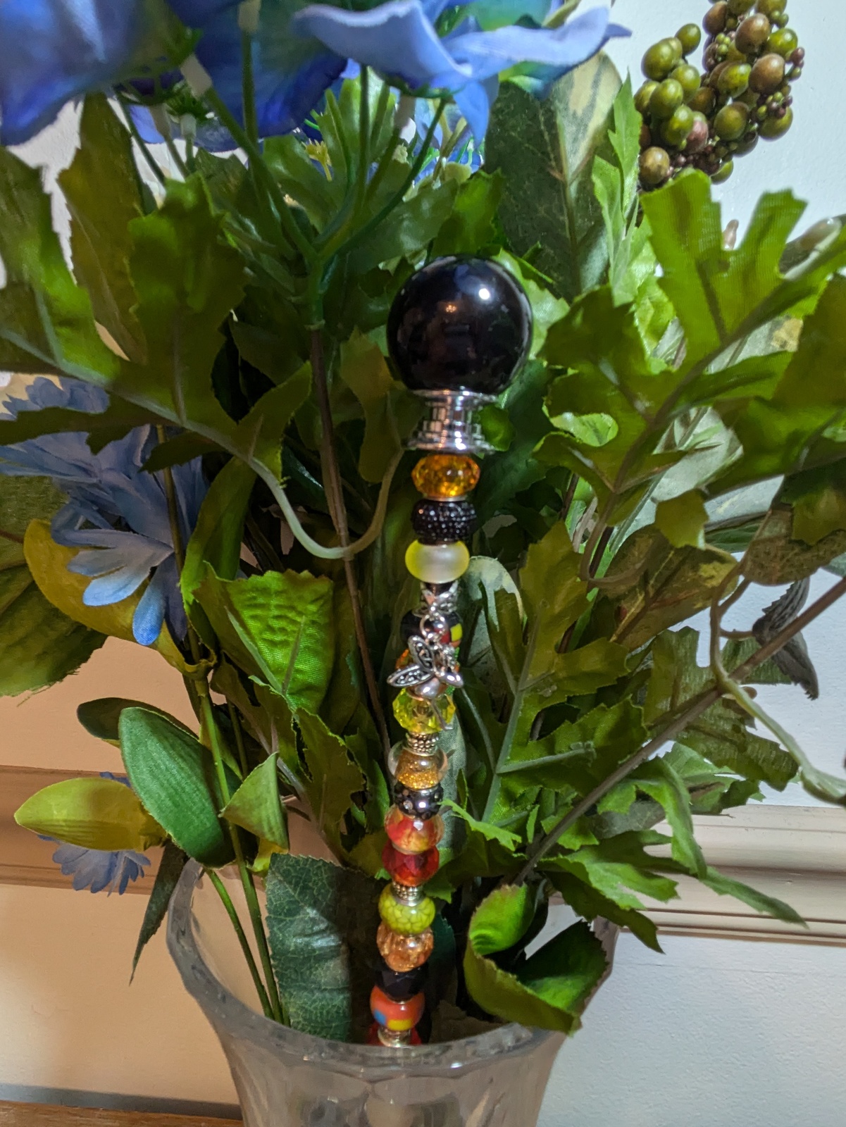 Fairy Wand Garden Stake Black Crystal Top with Black/Orange Beads &amp; Fair... - $18.00