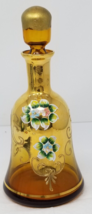 1950s Italian Flower Enamel Decanter Amber Color Glass Hand Painted Gold Rimmed - £17.81 GBP