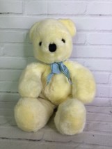 Vintage Walmart Yellow Teddy Bear Black Nose Plush Stuffed Animal Toy Blue Bow - £41.39 GBP