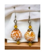 Marble Style Bead Dangle Earrings Orange White Vintage Silver Tone - £11.75 GBP