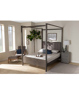 Sunderland Gray Fabric Dark Gray Oak King Size Platform Canopy Bed - $19,144.03 MXN