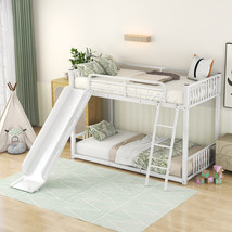 Twin over Twin Metal Bunk Bed with Slide White  - £288.63 GBP