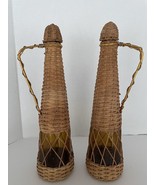 Pr. Vintage Wicker Wrapped Amber Glass Cruets Decanter Carafe Bottles MC... - $850.32 MXN