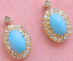 Antique Victorian Oval Turquoise .50ctw Rose Diamond Halo 18K Stud Earrings 1890 - £1,201.85 GBP