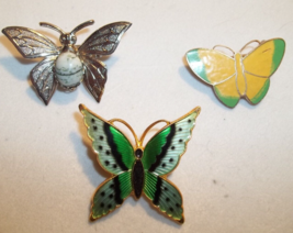 Vintage lot of Three Butterfly Pins 2 Enamel 1 Stone Body - $14.84