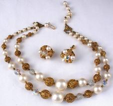 Vtg Demi-Parure Necklace w Clip On Earrings Filigree White Aurora Borealis Beads - £22.38 GBP