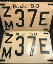 Vtg Metal ZM37E NJ &#39;50 Automobile/Automotive License Plates White/Black Set - £79.20 GBP