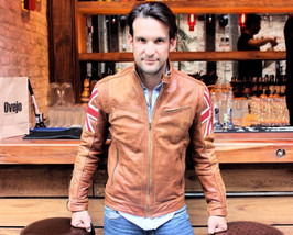 Men&#39;s Biker Vintage Motorcycle Tan Brown Moto Cafe Racer Leather Jacket - £86.55 GBP