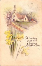 C1910 Easter Postcard Daffodils Church a1 - £17.72 GBP