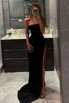 Sexy Strapless Long Prom Dress Bodycon Split Black Evening Gown,Night Dresses - £119.03 GBP