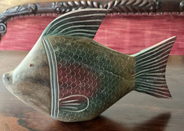 Fish Figurine Hand Carved &amp; Painted On Wood 10” X 7” Mantle Shelf Decor - £10.47 GBP