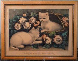 c1890 Currier and Ives Cats Hand Colored Lithograph &quot;Kitties among the Roses&quot; - £182.94 GBP