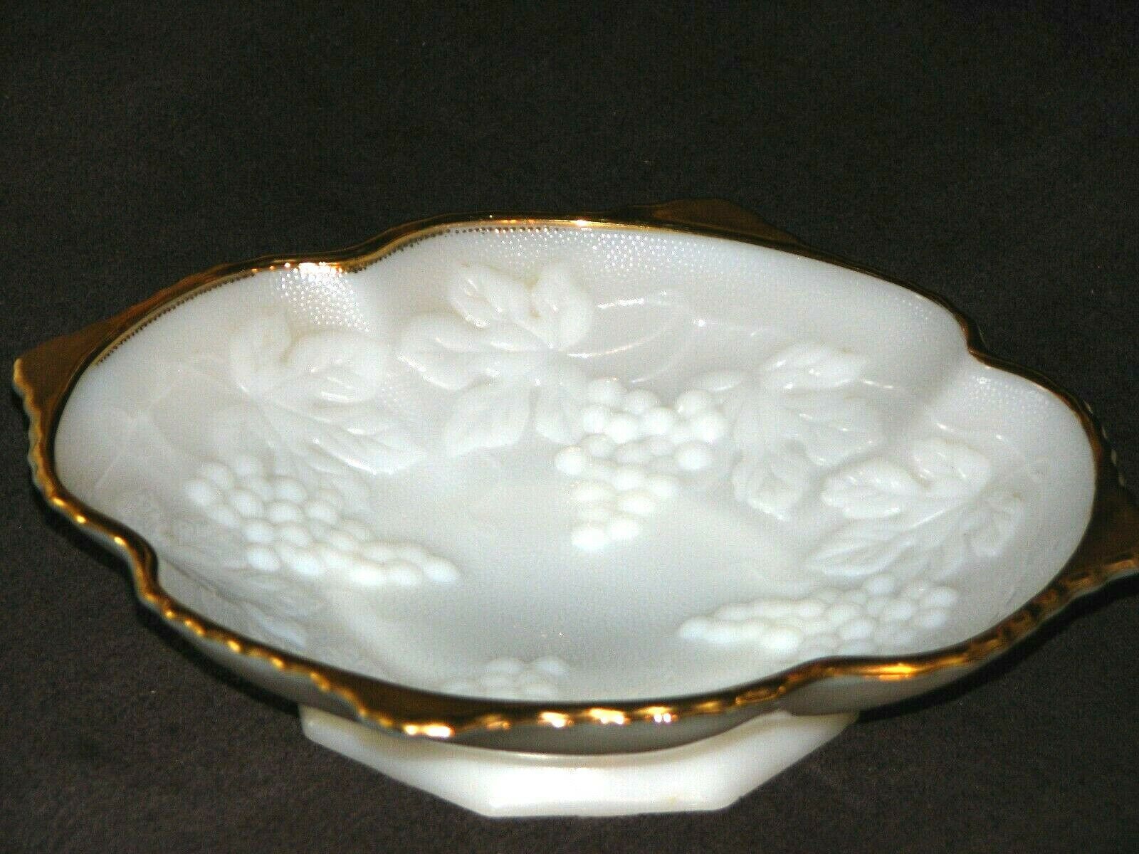 Primary image for Vintage Anchor Hocking Milk Glass Grape Pattern Footed Candy Dish Gold Trim