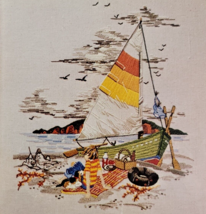 Summer Sailboat Crewel Kit Linen Coastal Dog Boy Beach Seagull Bird Wool... - $22.95