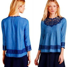 Anthropologie Lace Yoke Top Petite 2 P Blue Western Country Cowgirl Pintucks NWT - £49.10 GBP
