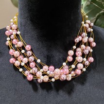 Womens Fashion Pink Round Faux Pearl Beaded Collar Necklace with Lobster Clasp - £21.80 GBP