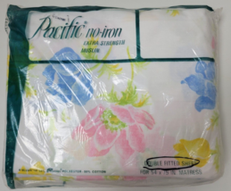 Vintage NIP Pacific Muslin Full Fitted Sheet Floral Anemones - $14.85