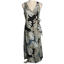 Puanani Sleeveless Faux Wrap Dress M Black Palm Leaves Elastic Waist Tie... - £29.72 GBP