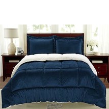 Sherpa Faux Suede Comforter Set Navy Queen 100% Polyester - £67.22 GBP