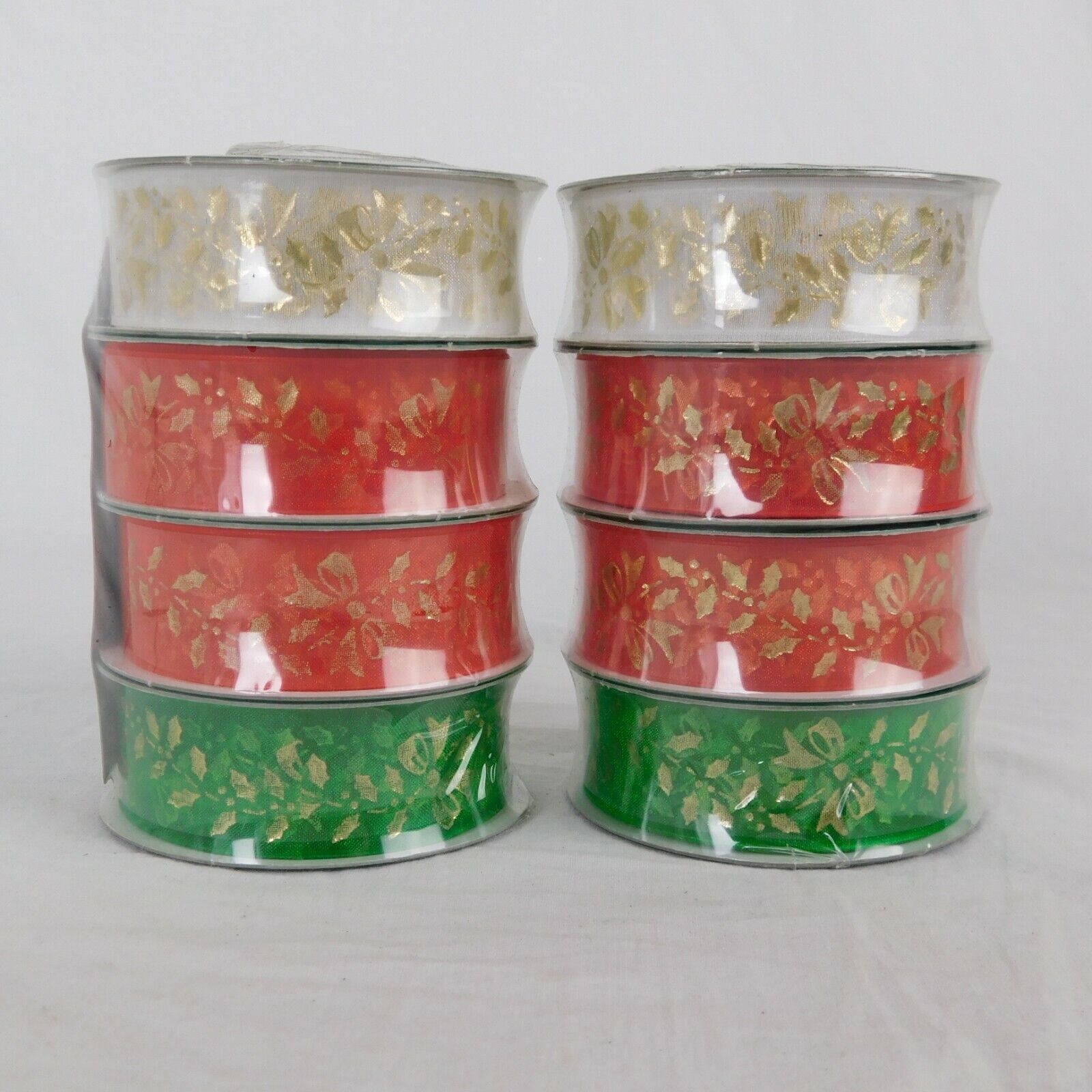 Sheer Fabric Ribbon Value Pack Lot of 2 Green, Red, White Christmas Gold Printed - $7.85