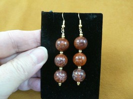 EE-395-23 round 12mm Orange Fire Agate gemstone 3 bead gold tone dangle earrings - £14.27 GBP