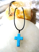 Blue Turquoise Color Howlite Cross Pendant Necklace Natural Stone Valent... - $6.50